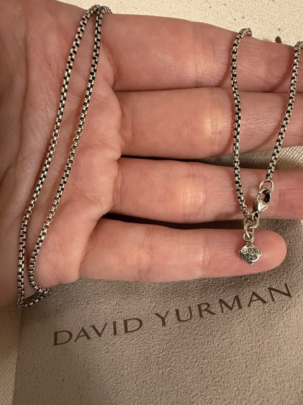 David Yurman Sterling Silver 925 Box Chain Necklace   18’ W/Pouch